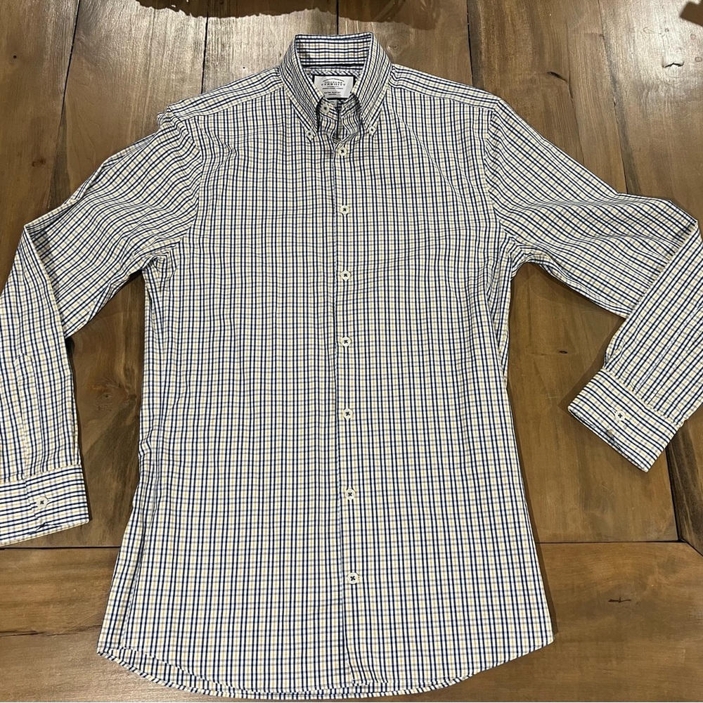 Charles Tyrwhitt Extra Slim Fit Button Down Dress Shirt, Size 15/33, Blue/Yellow